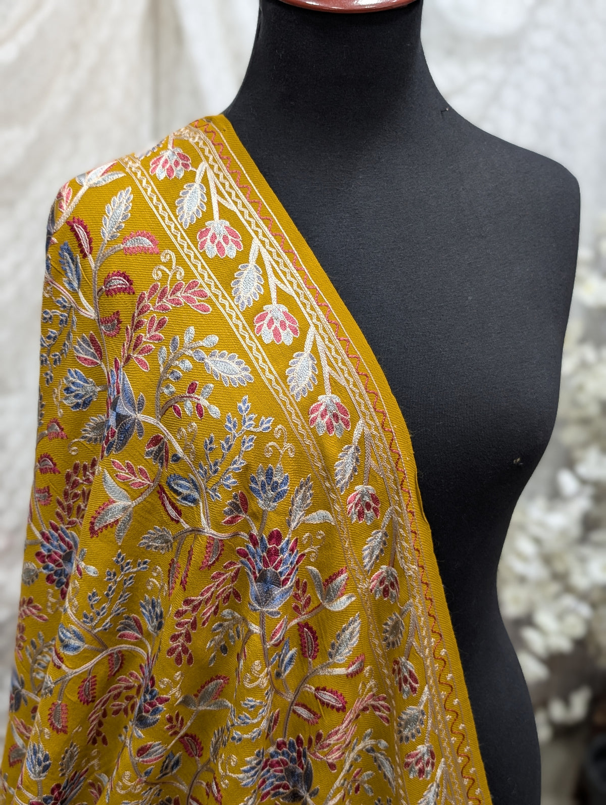 Kashmiri Jaal Shawl | Full Embroidered Shawl Resham Work Aar Embroidery | Mustard