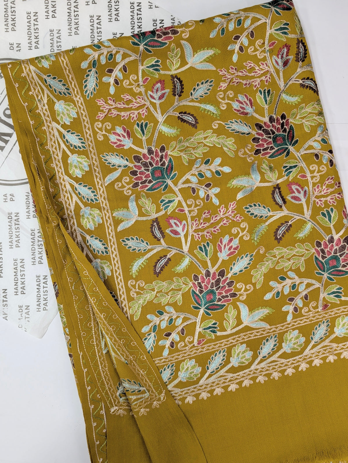 Kashmiri Jaal Shawl | Full Embroidered Shawl Resham Work Aar Embroidery | Mustard