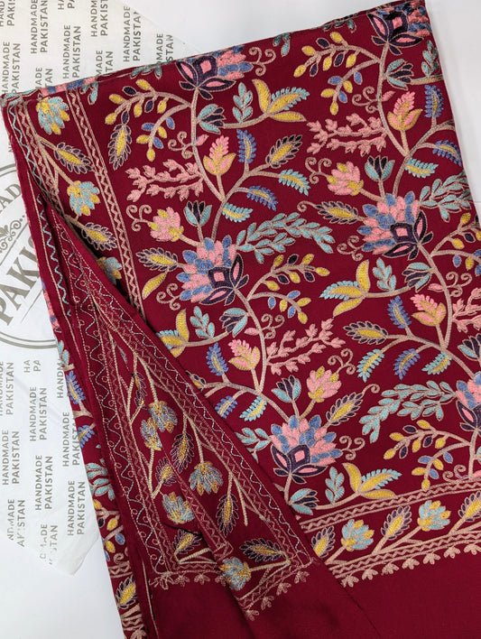 Kashmiri Jaal Shawl | Full Embroidered Shawl Resham Work Aar Embroidery | Maroon