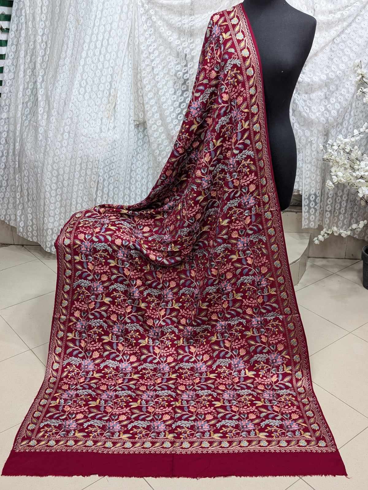 Kashmiri Jaal Shawl | Full Embroidered Shawl Resham Work Aar Embroidery | Maroon