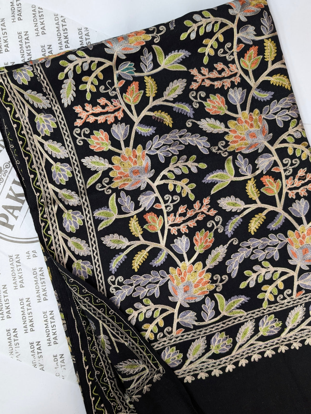 Kashmiri Jaal Shawl | Full Embroidered Shawl Resham Work Aar Embroidery | Black