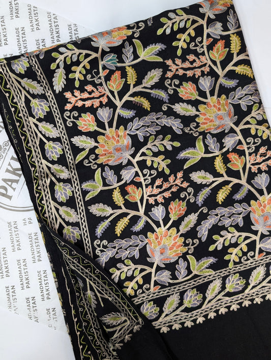 Kashmiri Jaal Shawl | Full Embroidered Shawl Resham Work Aar Embroidery | Black