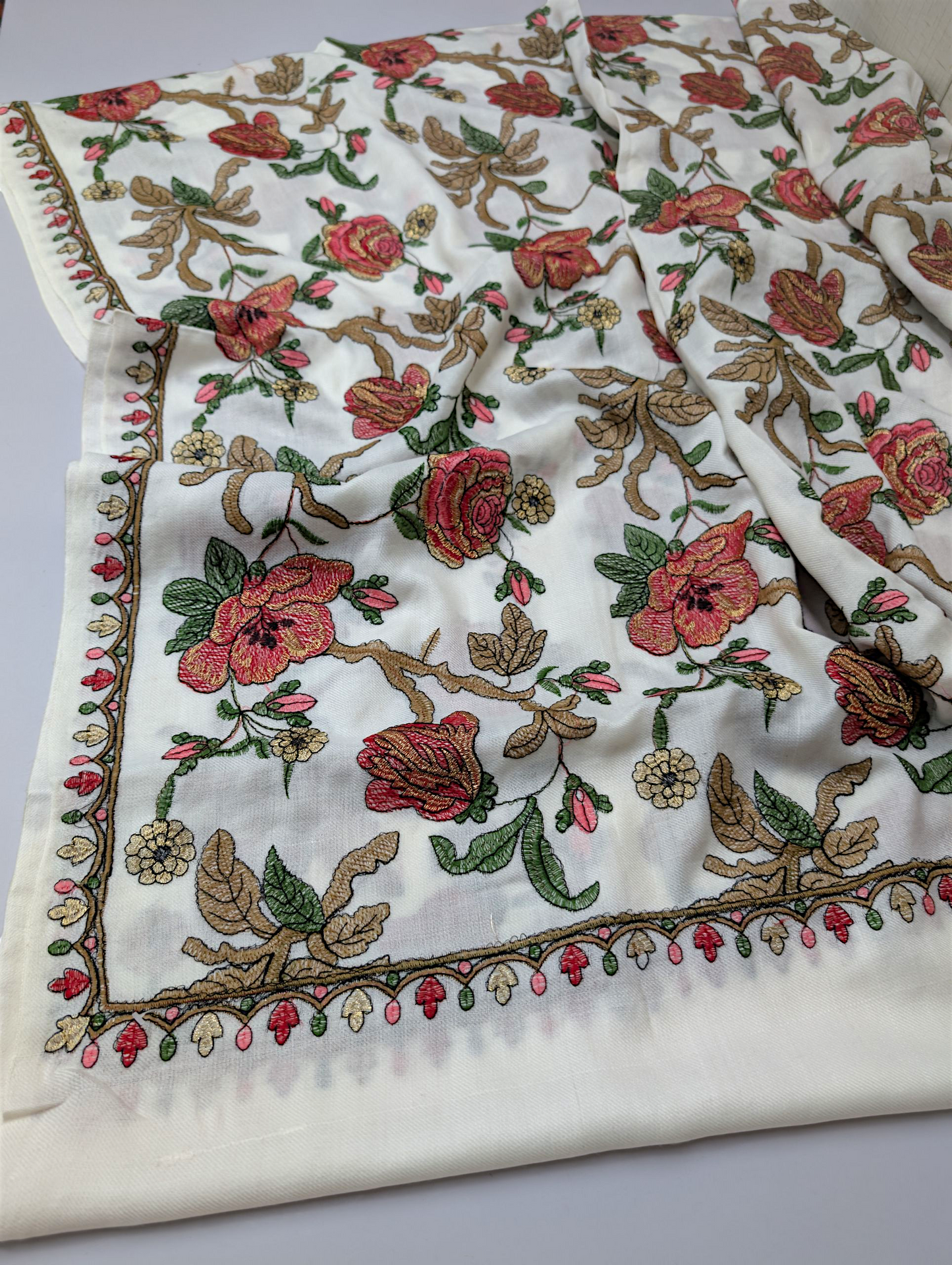 Gulabkar Pashmina Embroidered Shawl Fancy Tilla and Thread Work Perfect Gift | White