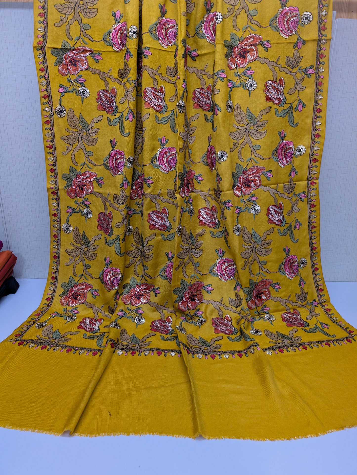 Gulabkar Pashmina Embroidered Shawl Fancy Tilla and Thread Work Perfect Gift | Mustard