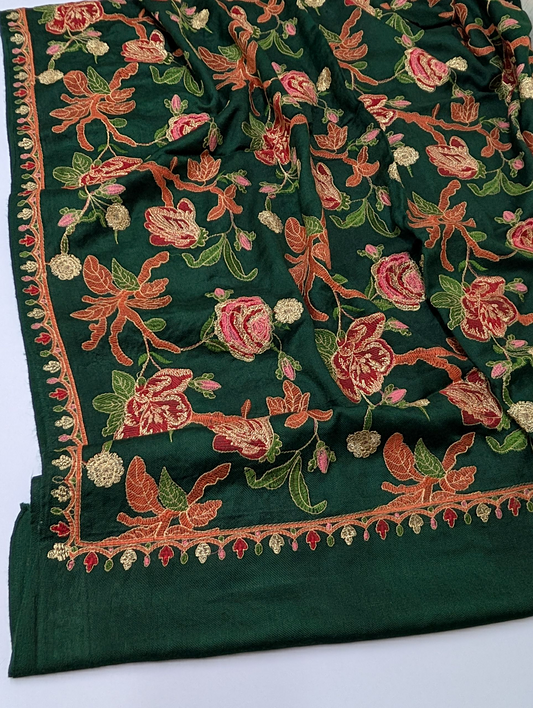 Gulabkar Pashmina Embroidered Shawl Fancy Tilla and Thread Work Perfect Gift | Dark Green