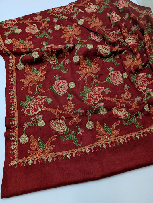 Gulabkar Pashmina Embroidered Shawl Fancy Tilla and Thread Work Perfect Gift | Maroon