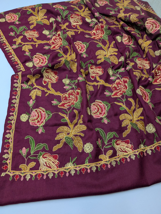 Gulabkar Pashmina Embroidered Shawl Fancy Tilla and Thread Work Perfect Gift | Magenta