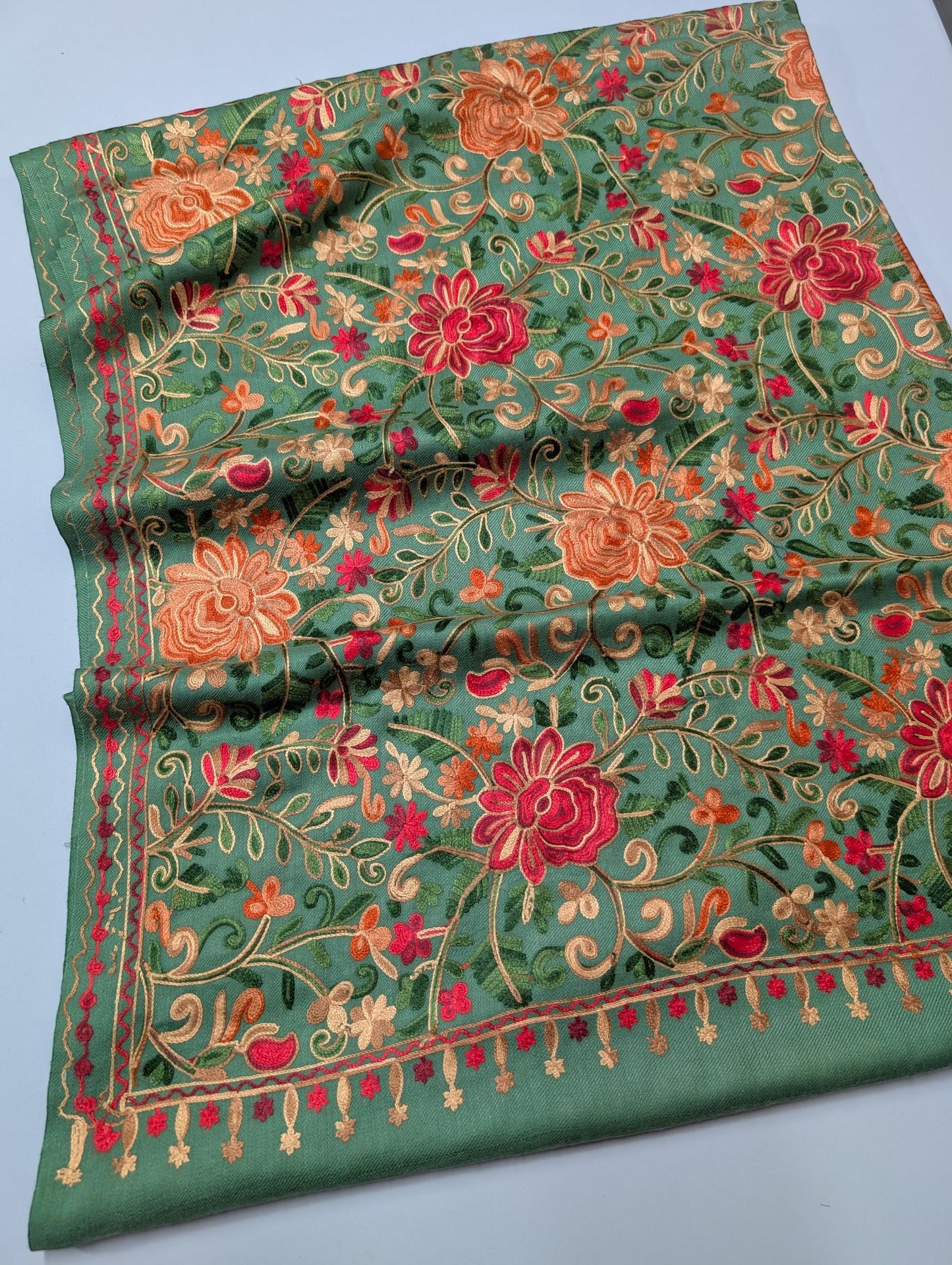 Pashmina Shawl Full Size | Kashmiri Embroidery | Pista Green