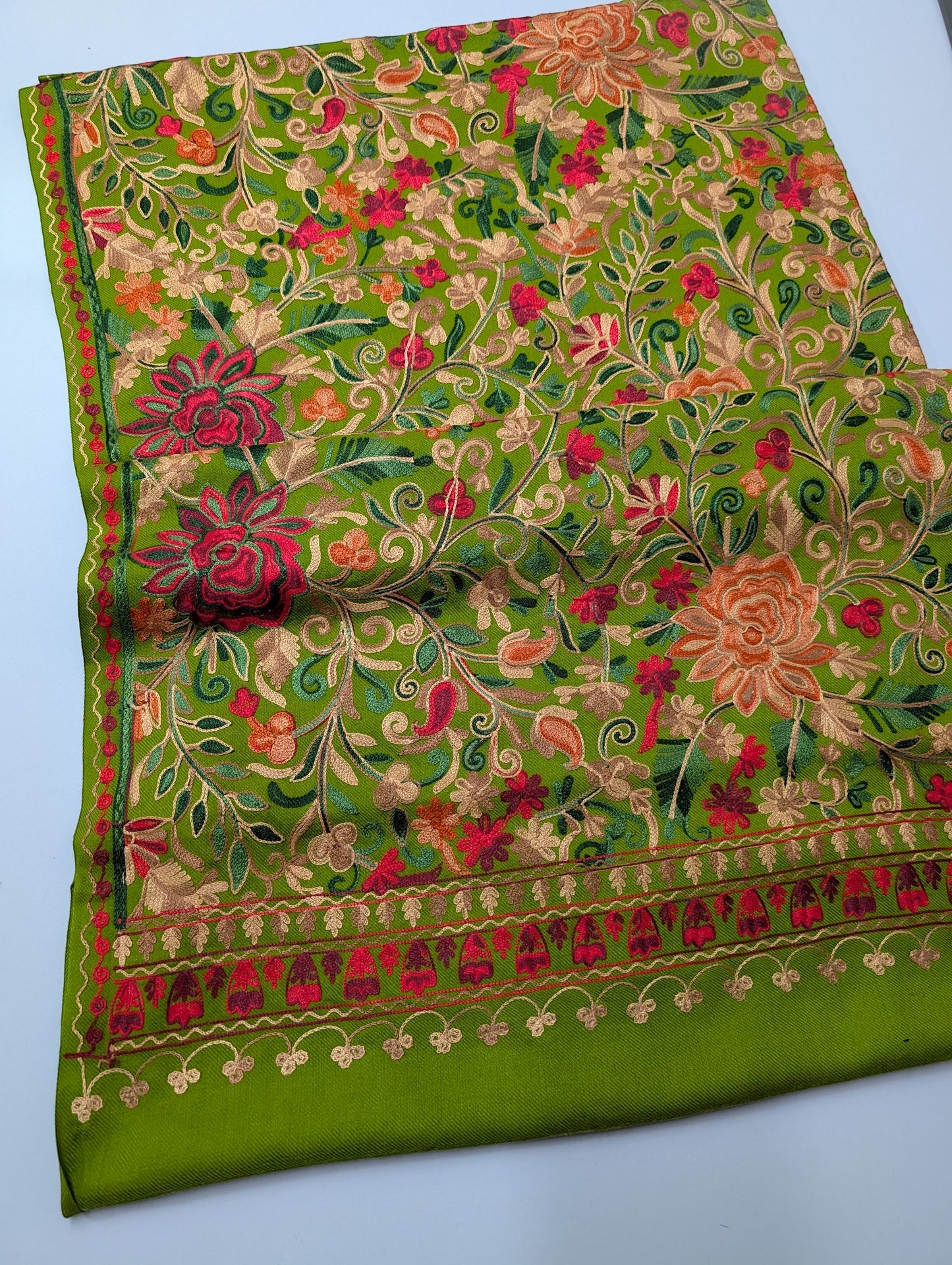 Pashmina Shawl Full Size | Kashmiri Embroidery | Parrot Green