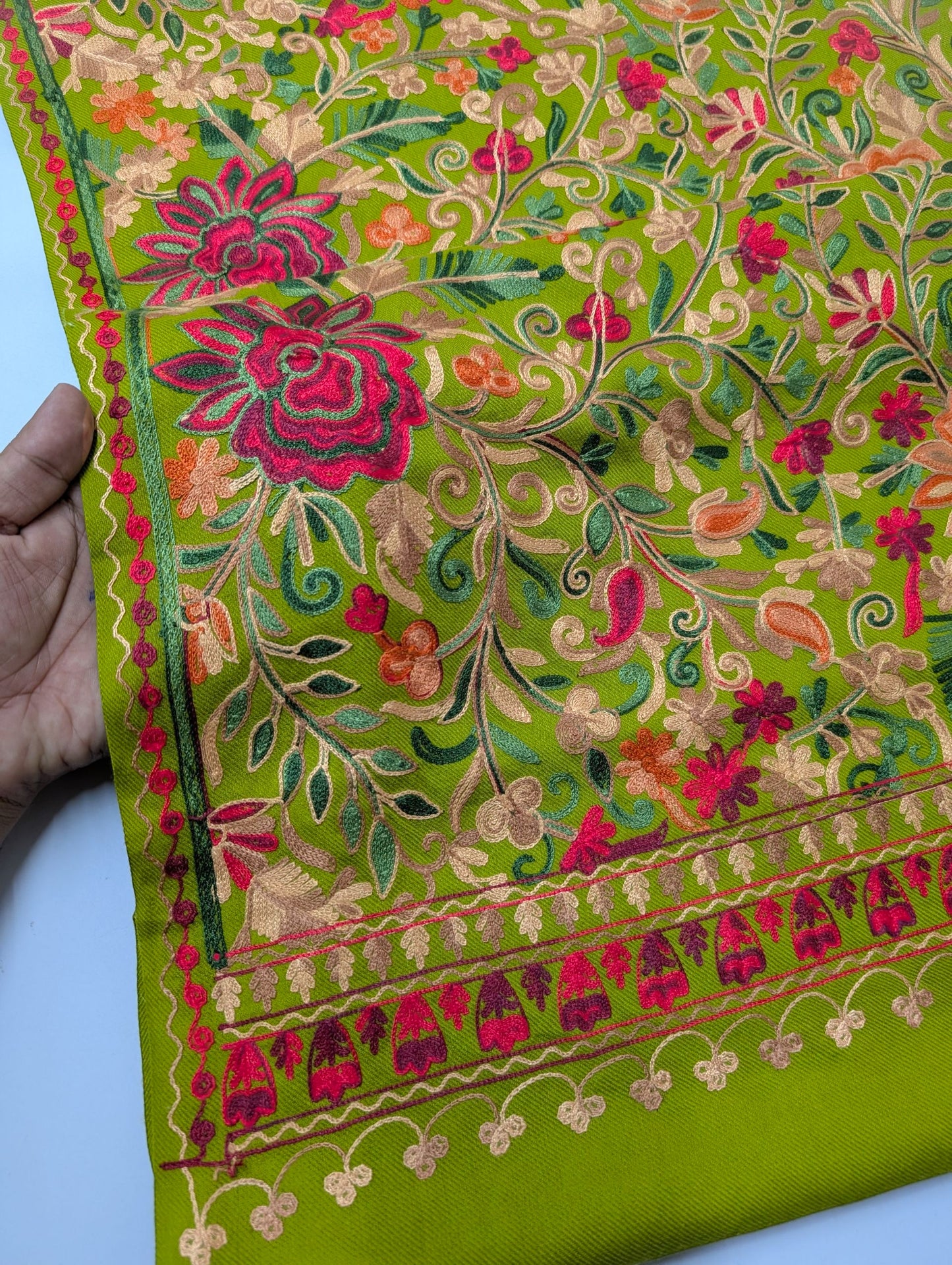 Pashmina Shawl Full Size | Kashmiri Embroidery | Parrot Green