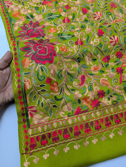 Pashmina Shawl Full Size | Kashmiri Embroidery | Parrot Green