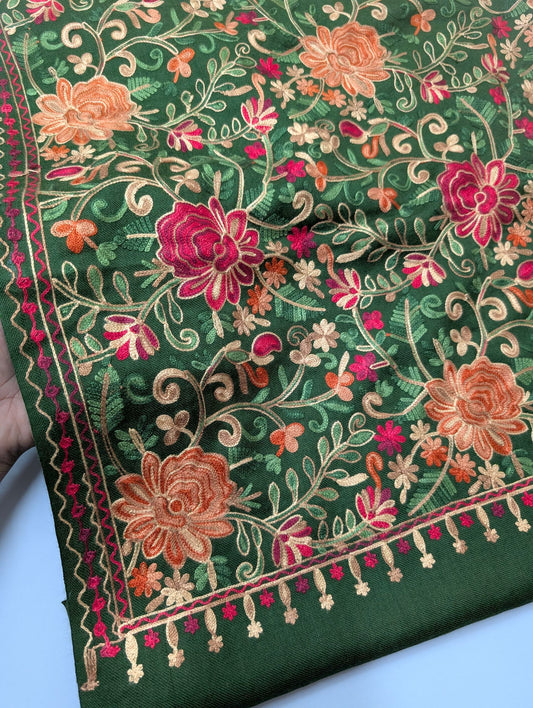 Pashmina Shawl Full Size | Kashmiri Embroidery | Dark Green