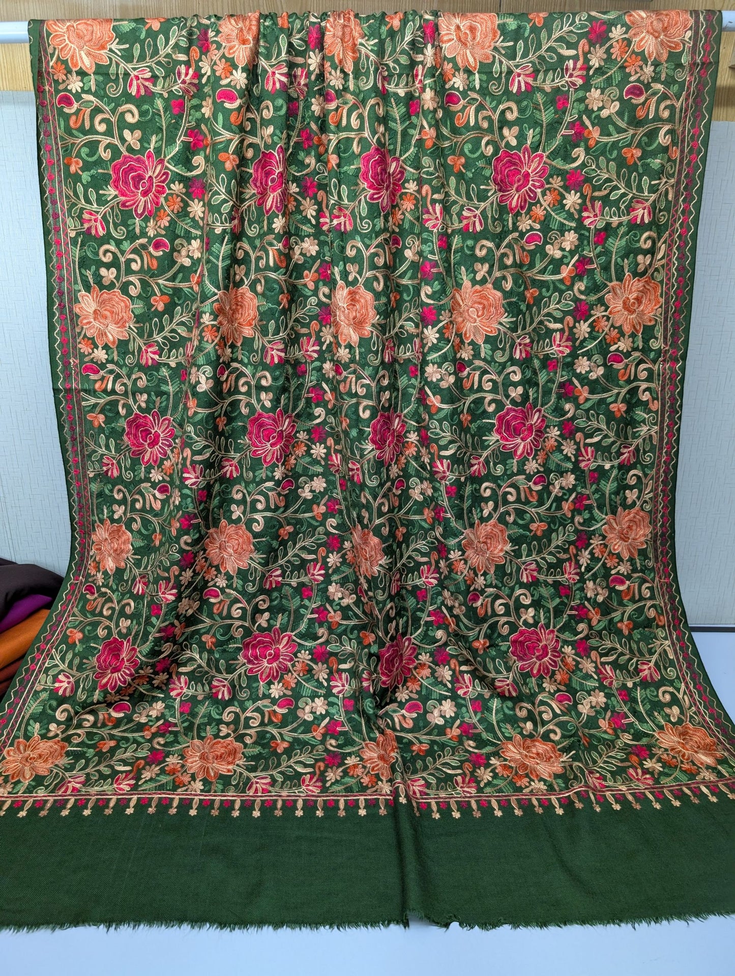 Pashmina Shawl Full Size | Kashmiri Embroidery | Dark Green