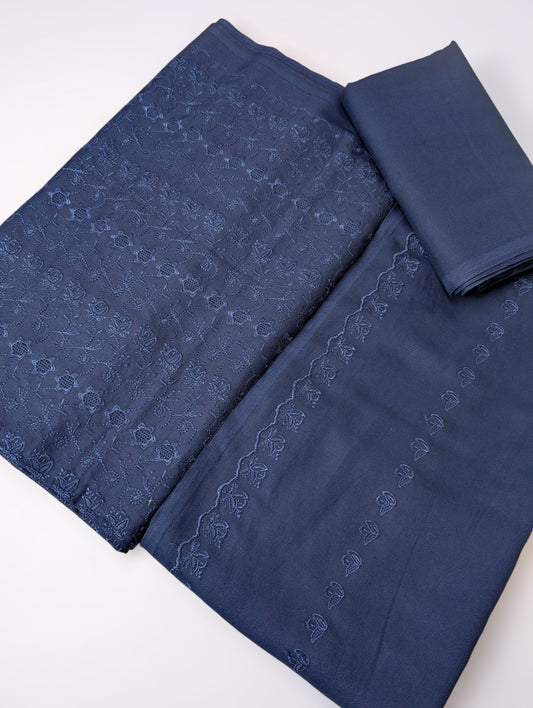 Marina Chikankari 3 Piece Suit With Marina Shawl | Navy Blue