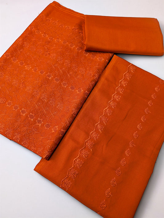 Marina Chikankari 3 Piece Suit With Marina Shawl | Rust