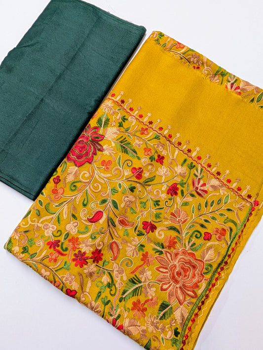 Pashmina 3 Piece Suit | Full Embroidered Gulabkar Shawl with Plain Suit Marina | Mustard