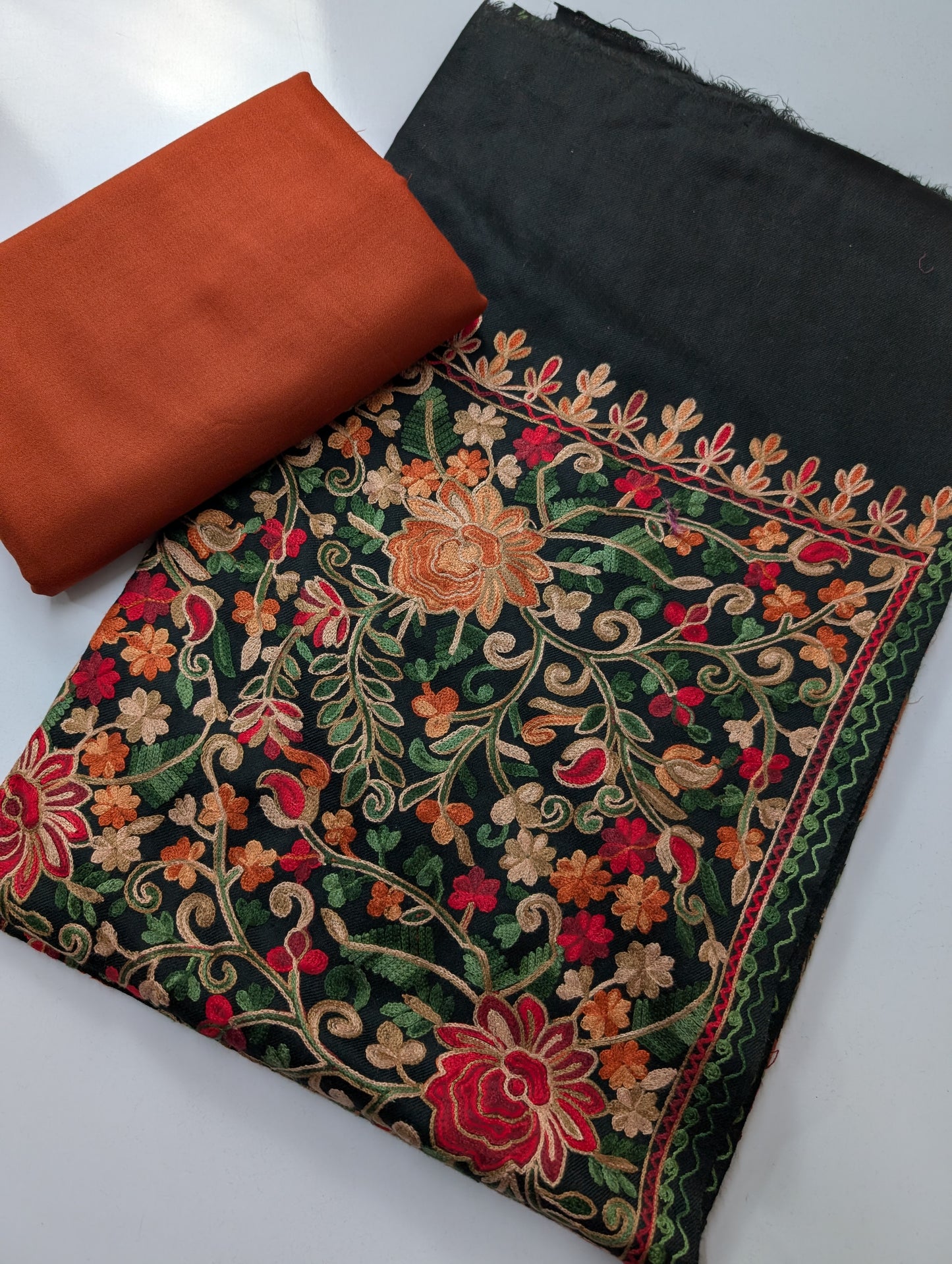 Pashmina 3 Piece Suit | Full Embroidered Gulabkar Shawl with Plain Suit Marina | Black With Rust