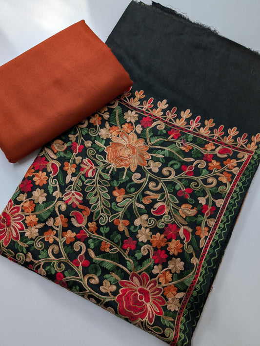 Pashmina 3 Piece Suit | Full Embroidered Gulabkar Shawl with Plain Suit Marina | Black With Rust