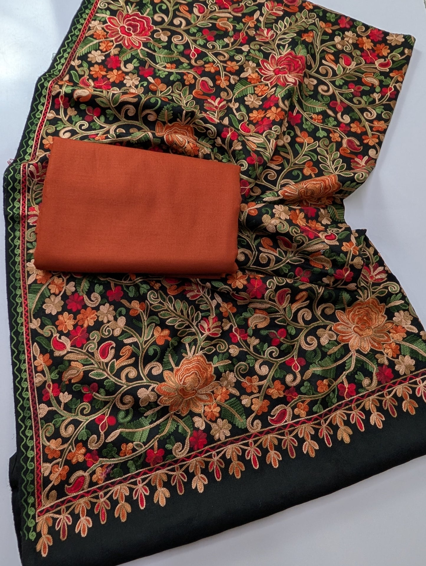 Pashmina 3 Piece Suit | Full Embroidered Gulabkar Shawl with Plain Suit Marina | Black With Rust