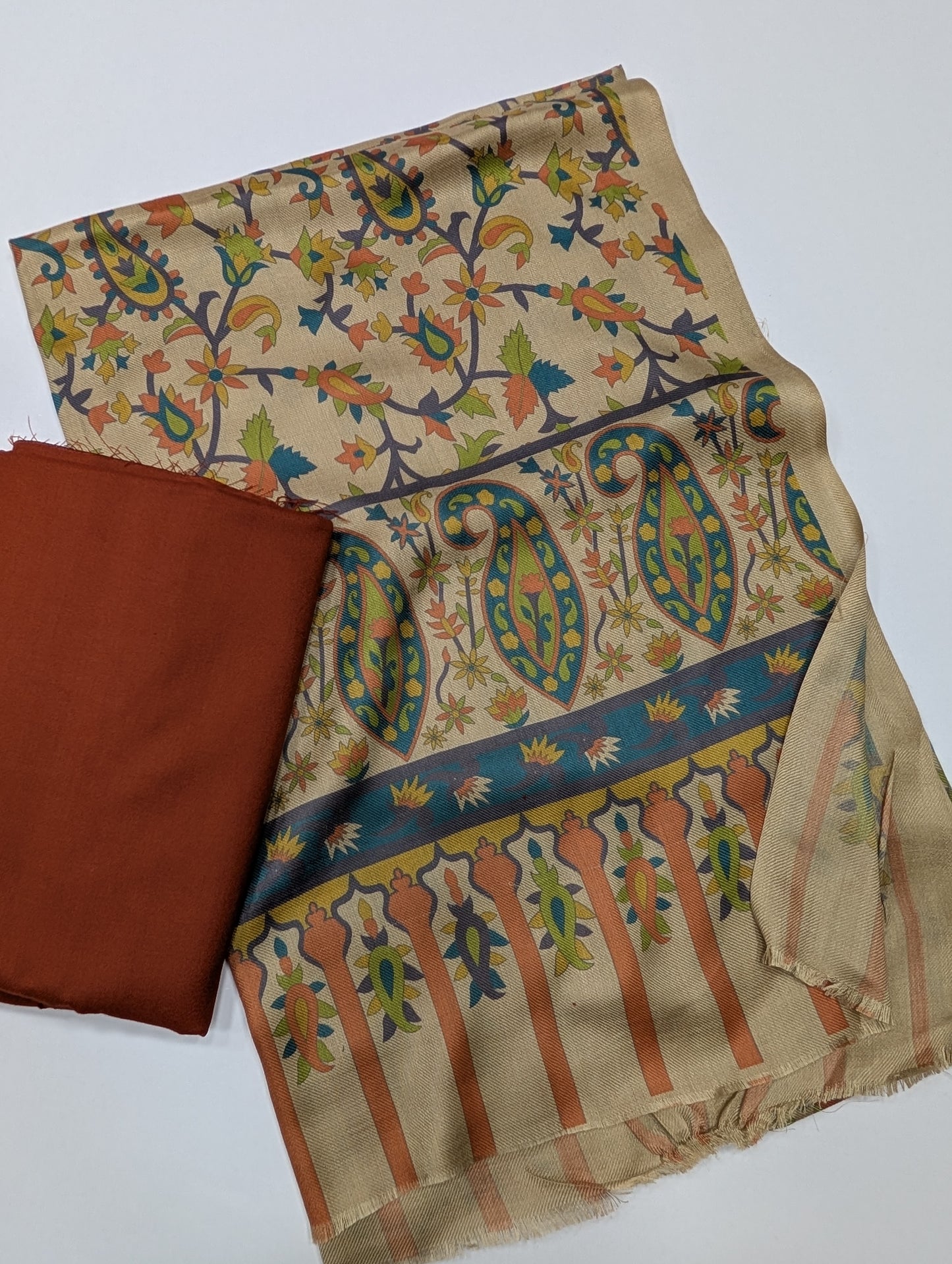 Pashmina 3 Piece Suit | Printed Pashmina Shawl with Marina Plain Suit Perfect Winter Suit