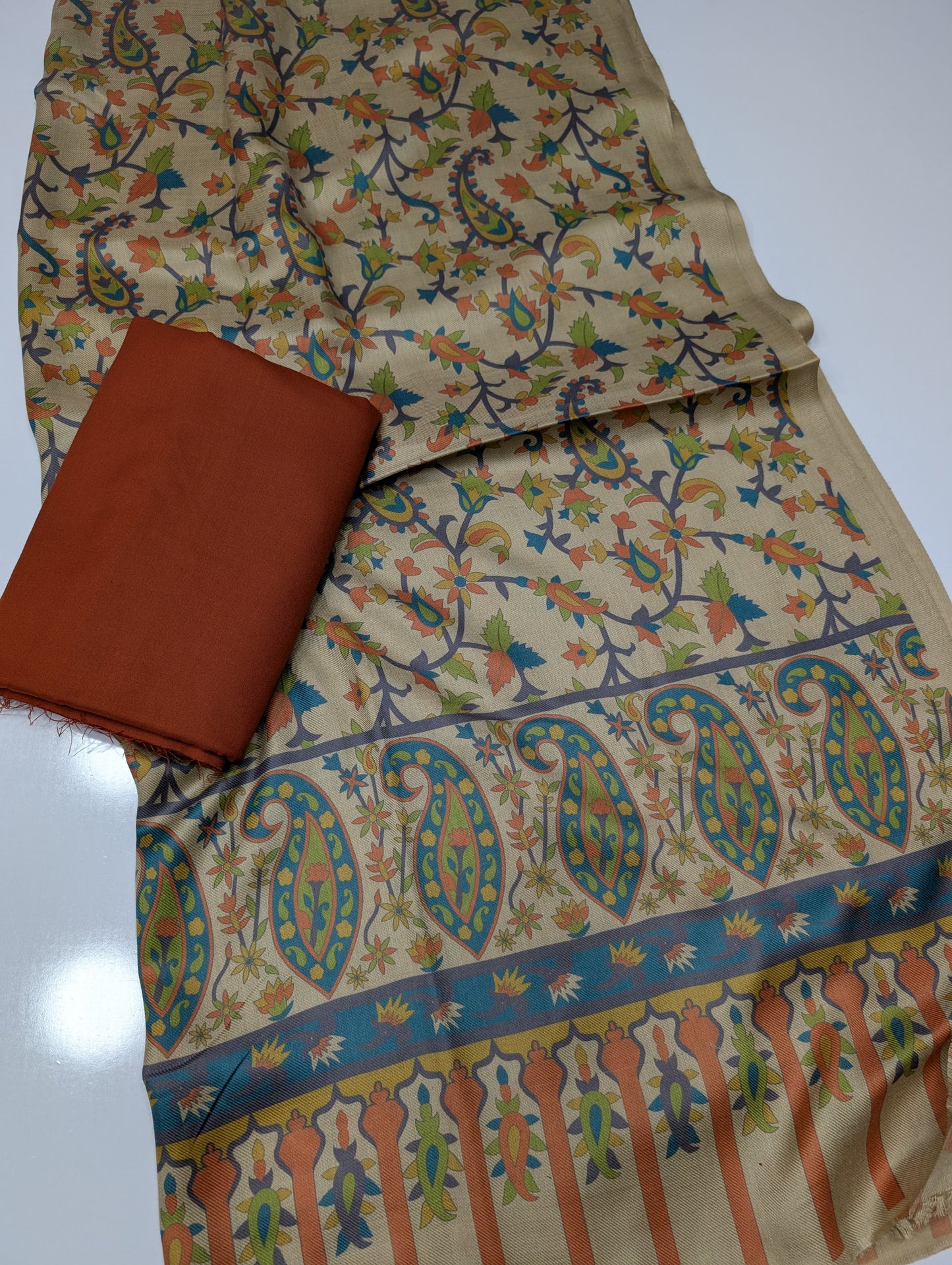Pashmina 3 Piece Suit | Printed Pashmina Shawl with Marina Plain Suit Perfect Winter Suit