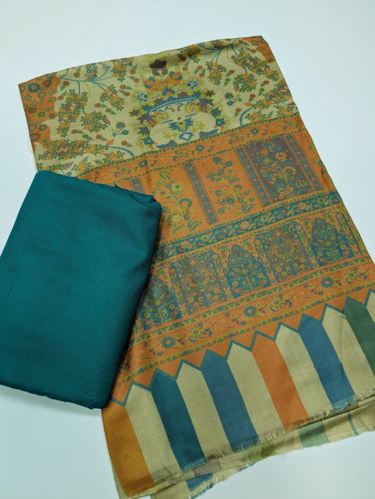 Pashmina 3 Piece Suit | Printed Pashmina Shawl with Marina Plain Suit Perfect Winter Suit