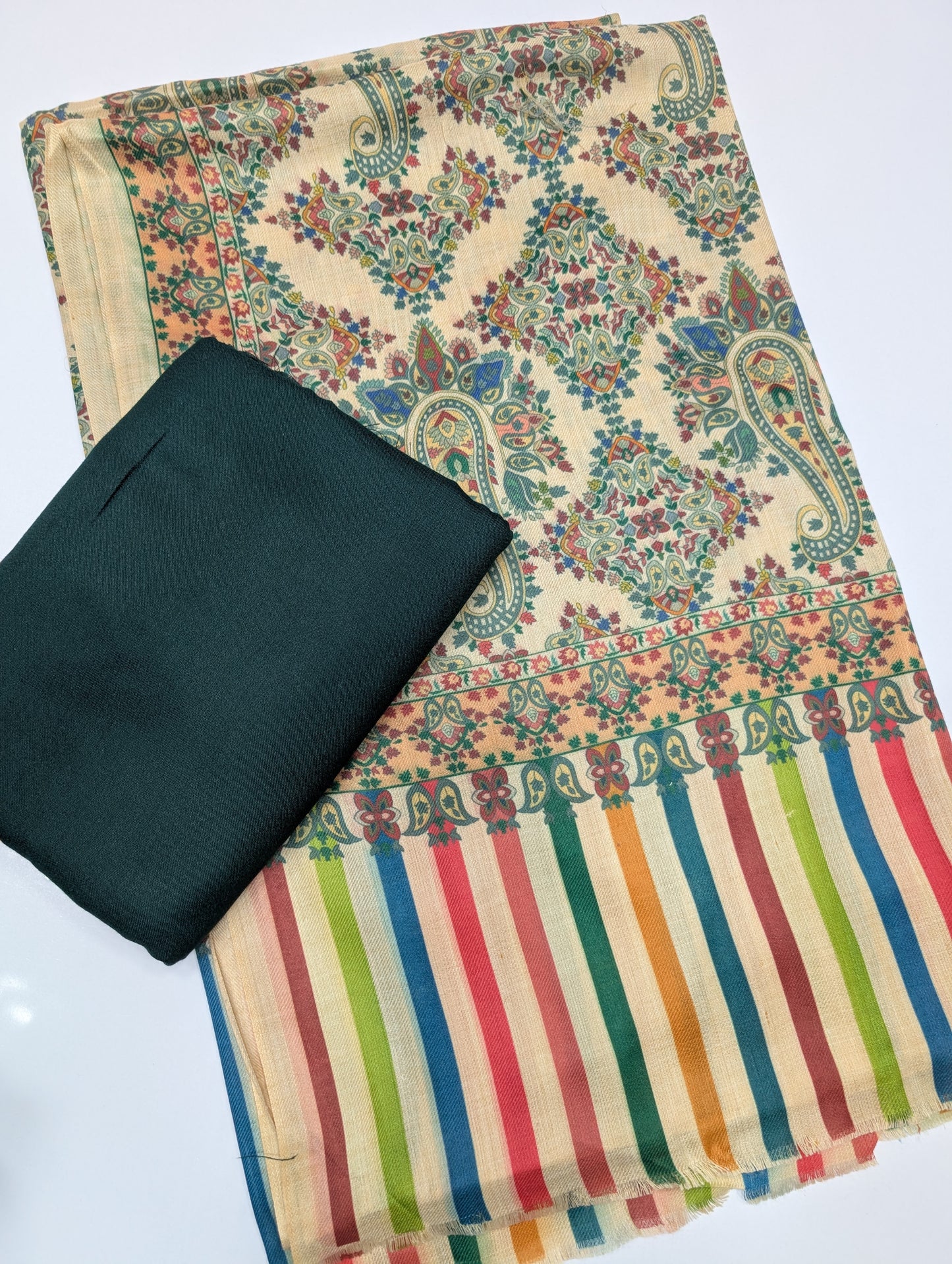 Pashmina 3 Piece Suit | Printed Pashmina Shawl with Marina Plain Suit Perfect Winter Suit