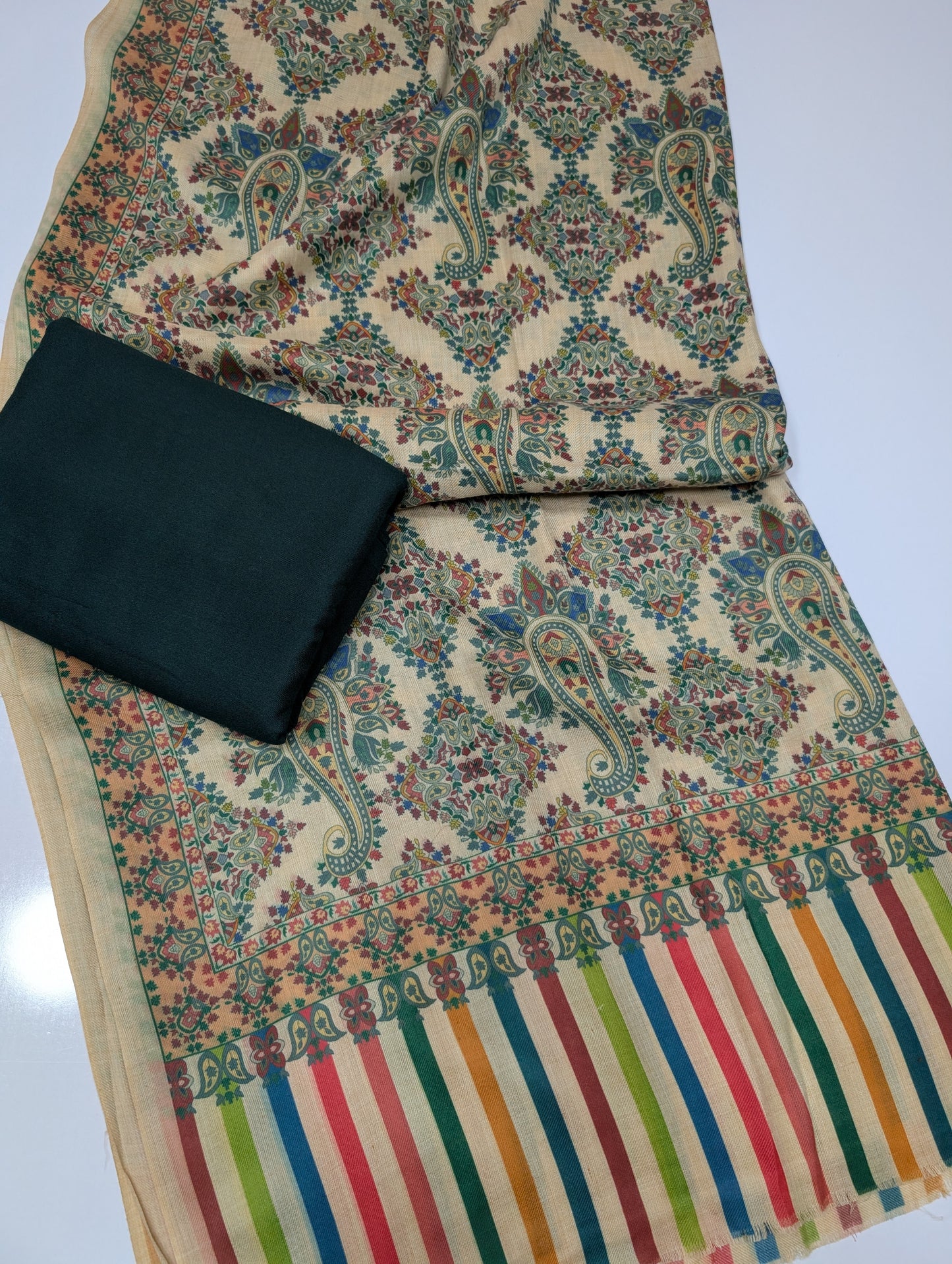 Pashmina 3 Piece Suit | Printed Pashmina Shawl with Marina Plain Suit Perfect Winter Suit