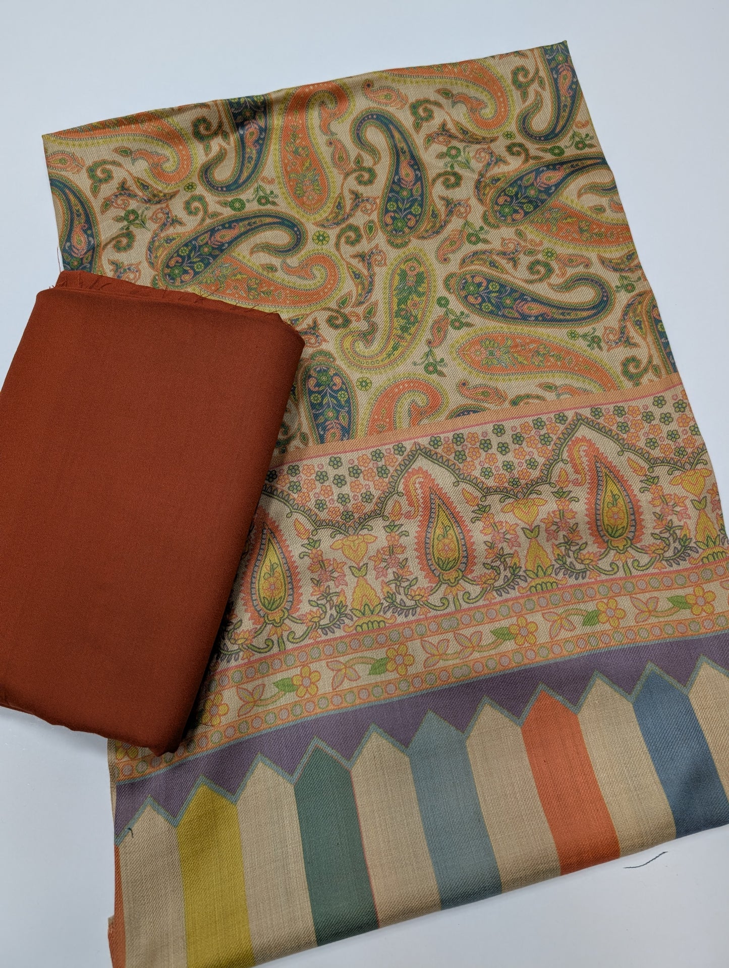 Pashmina 3 Piece Suit | Printed Pashmina Shawl with Marina Plain Suit Perfect Winter Suit