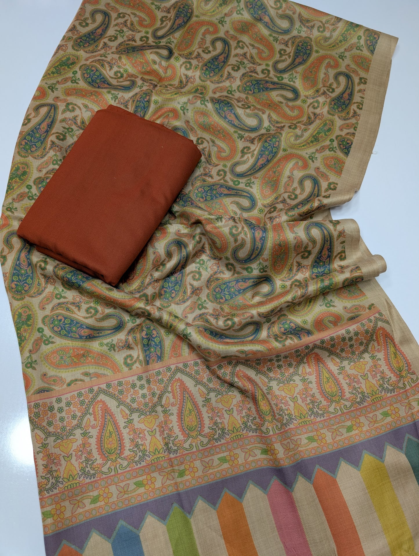 Pashmina 3 Piece Suit | Printed Pashmina Shawl with Marina Plain Suit Perfect Winter Suit