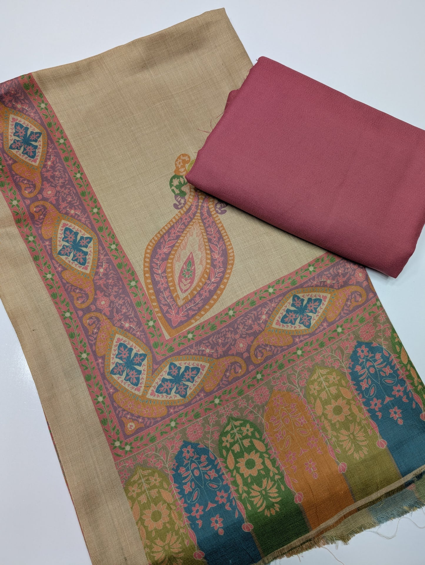 Pashmina 3 Piece Suit | Printed Pashmina Shawl with Marina Plain Suit Perfect Winter Suit