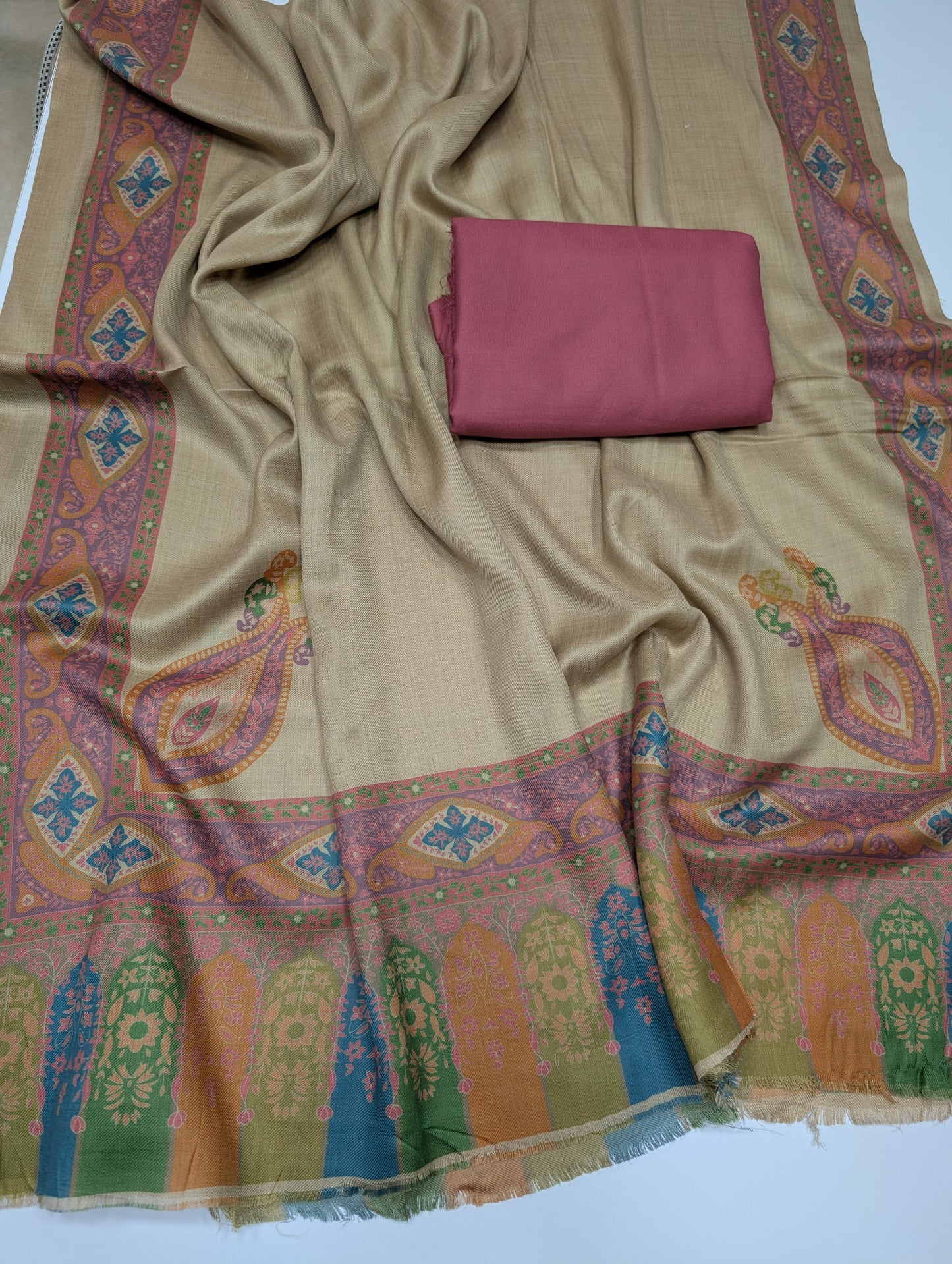 Pashmina 3 Piece Suit | Printed Pashmina Shawl with Marina Plain Suit Perfect Winter Suit