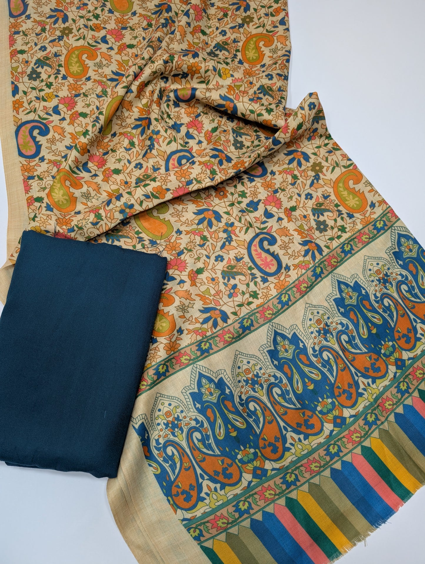 Pashmina 3 Piece Suit | Printed Pashmina Shawl with Marina Plain Suit Perfect Winter Suit