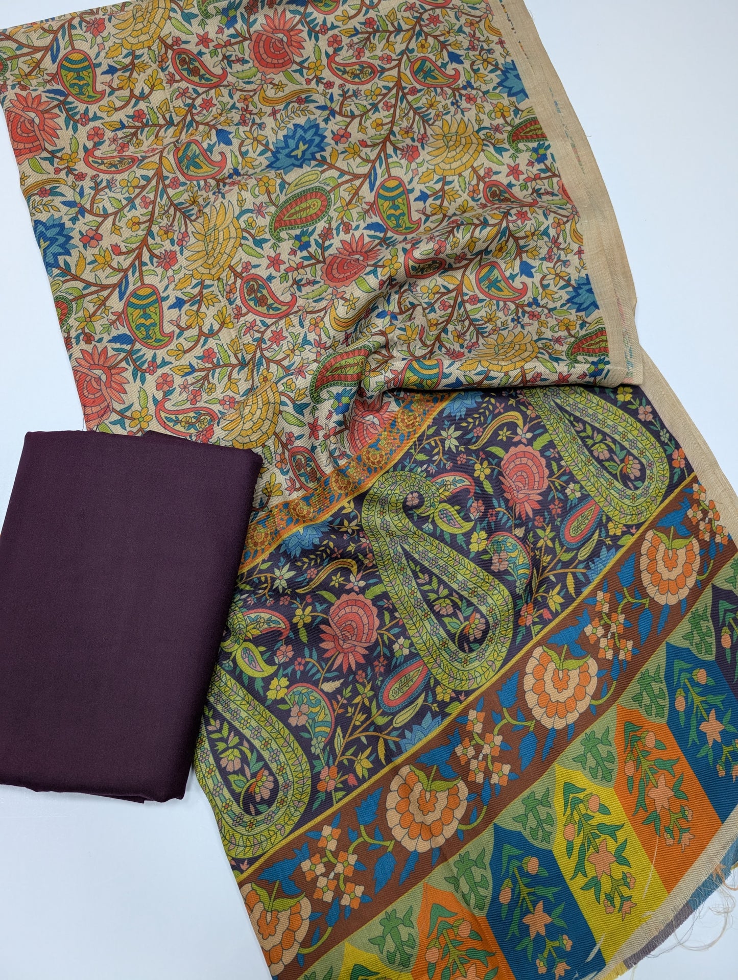 Pashmina 3 Piece Suit | Printed Pashmina Shawl with Marina Plain Suit Perfect Winter Suit