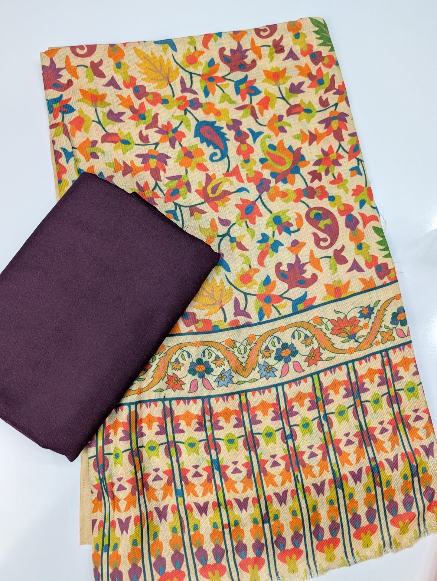 Pashmina 3 Piece Suit | Printed Pashmina Shawl with Marina Plain Suit Perfect Winter Suit