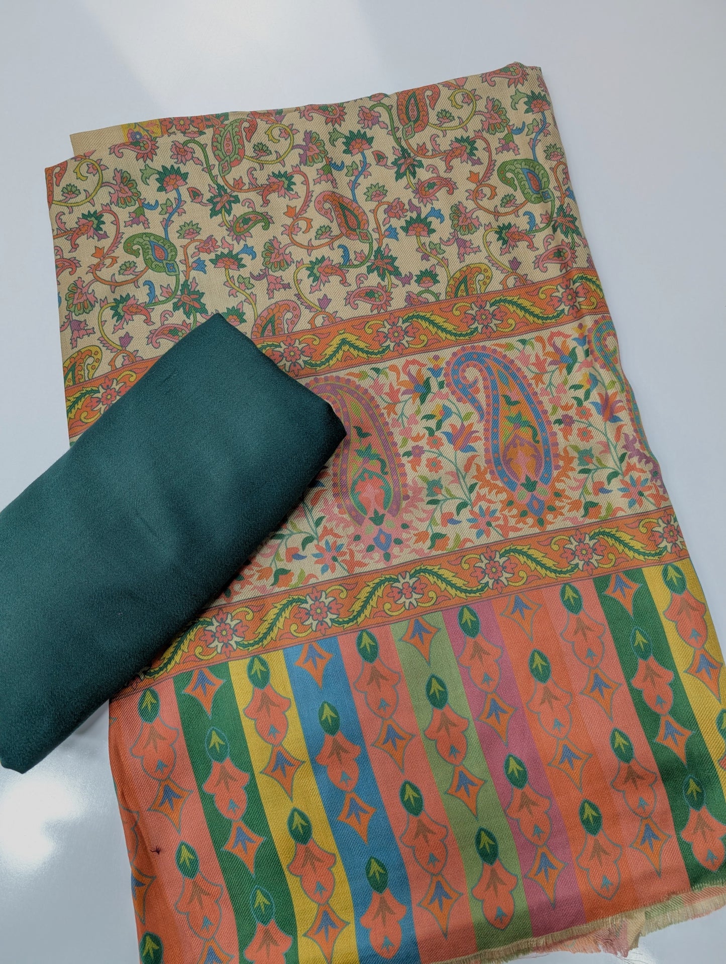 Pashmina 3 Piece Suit | Printed Pashmina Shawl with Marina Plain Suit Perfect Winter Suit
