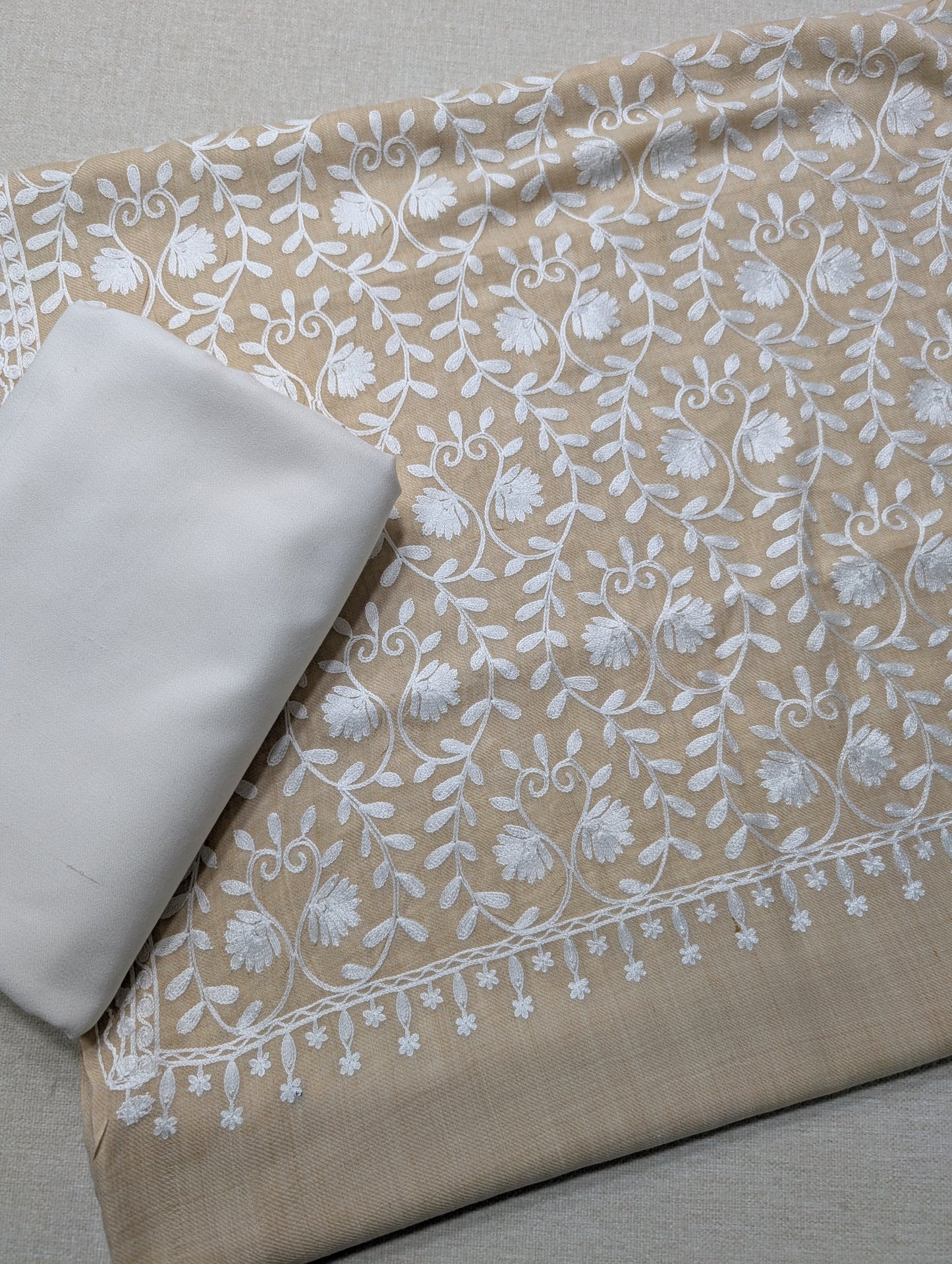 Pashmina 3 Piece Suit | Embroidered Shawl with Plain Suit Marina