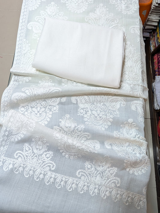 Pashmina 3 Piece Suit | Embroidered Shawl with Plain Suit Marina | White