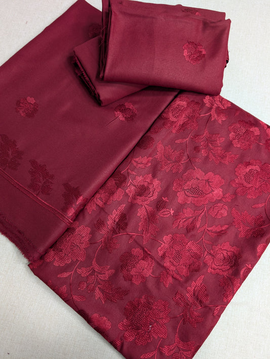 Marina 3 Piece Embroidered Suit Same on Same Embroidery Marina Shawl | Maroon