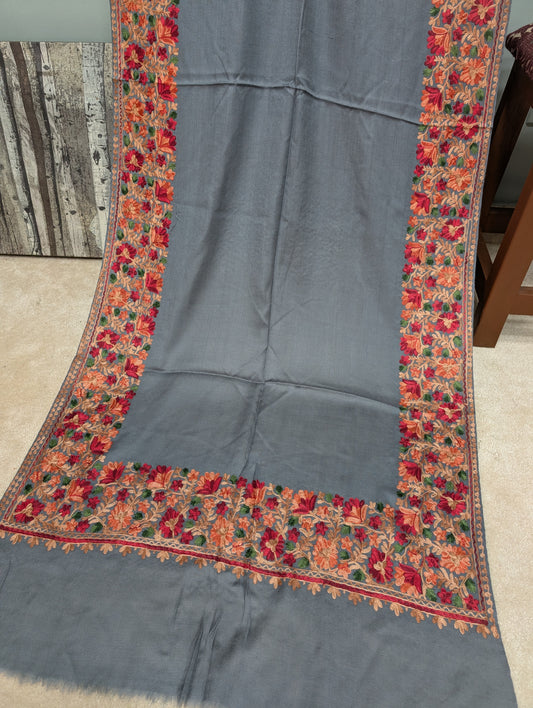 Pashmina Stole | Aari Border Embroidery 4 Side Border Perfect Gift | Grey