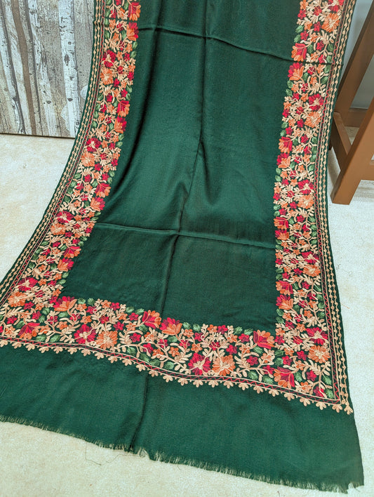 Pashmina Stole | Aari Border Embroidery 4 Side Border Perfect Gift | Dark Green