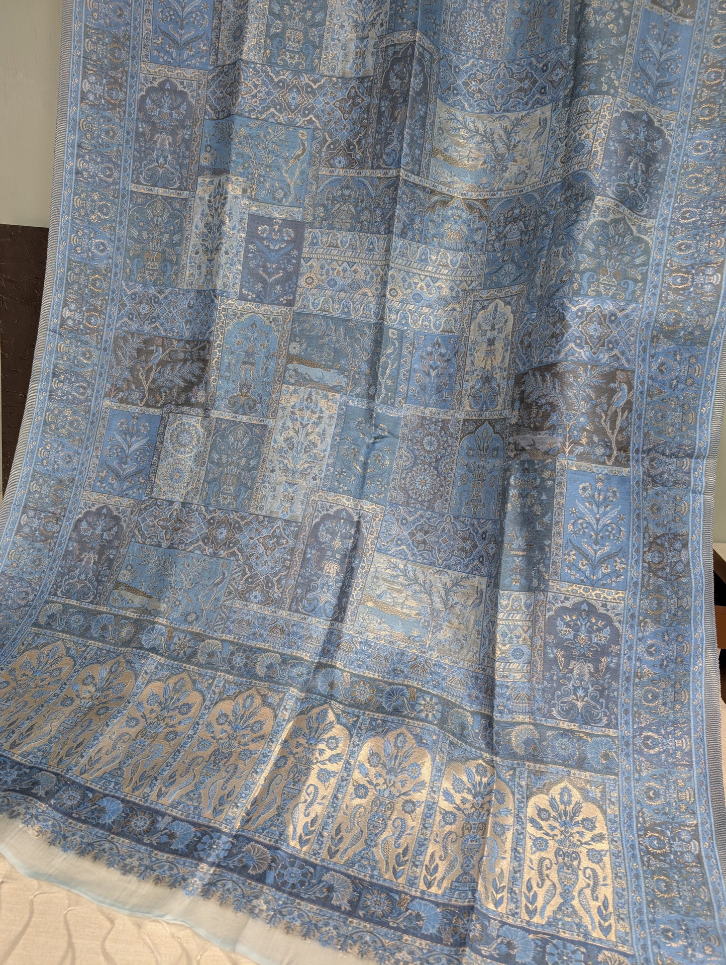 Ice Blue Luxury Kani Silk Shawl, Wedding Wrap Perfect Gift Made in Kashmir | KS135