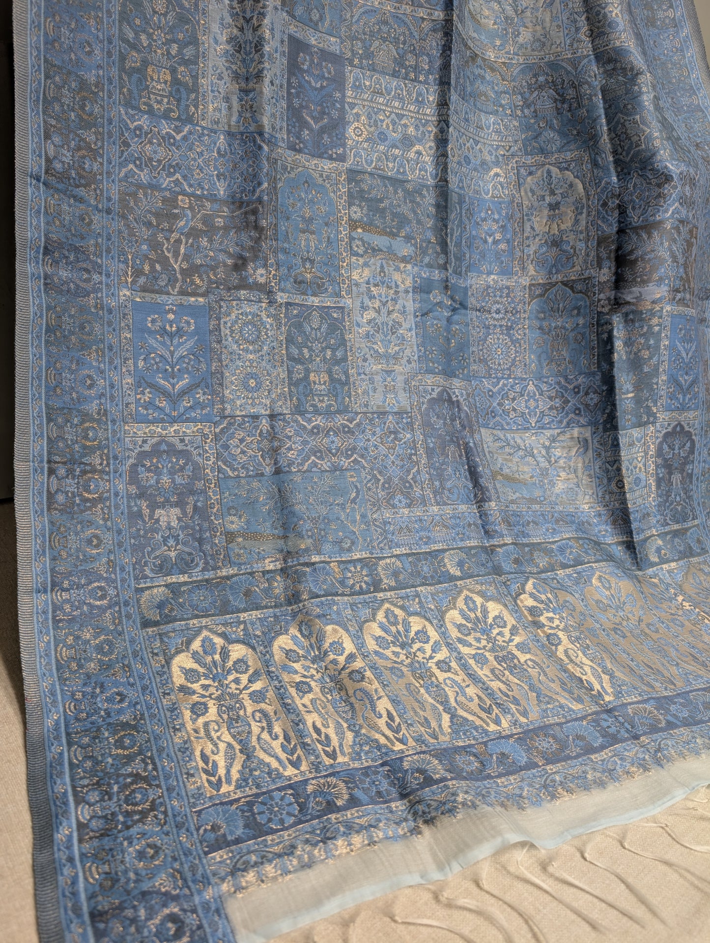 Ice Blue Luxury Kani Silk Shawl, Wedding Wrap Perfect Gift Made in Kashmir | KS135