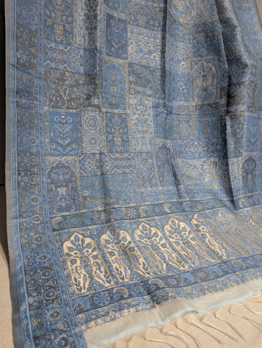 Ice Blue Luxury Kani Silk Shawl, Wedding Wrap Perfect Gift Made in Kashmir | KS135