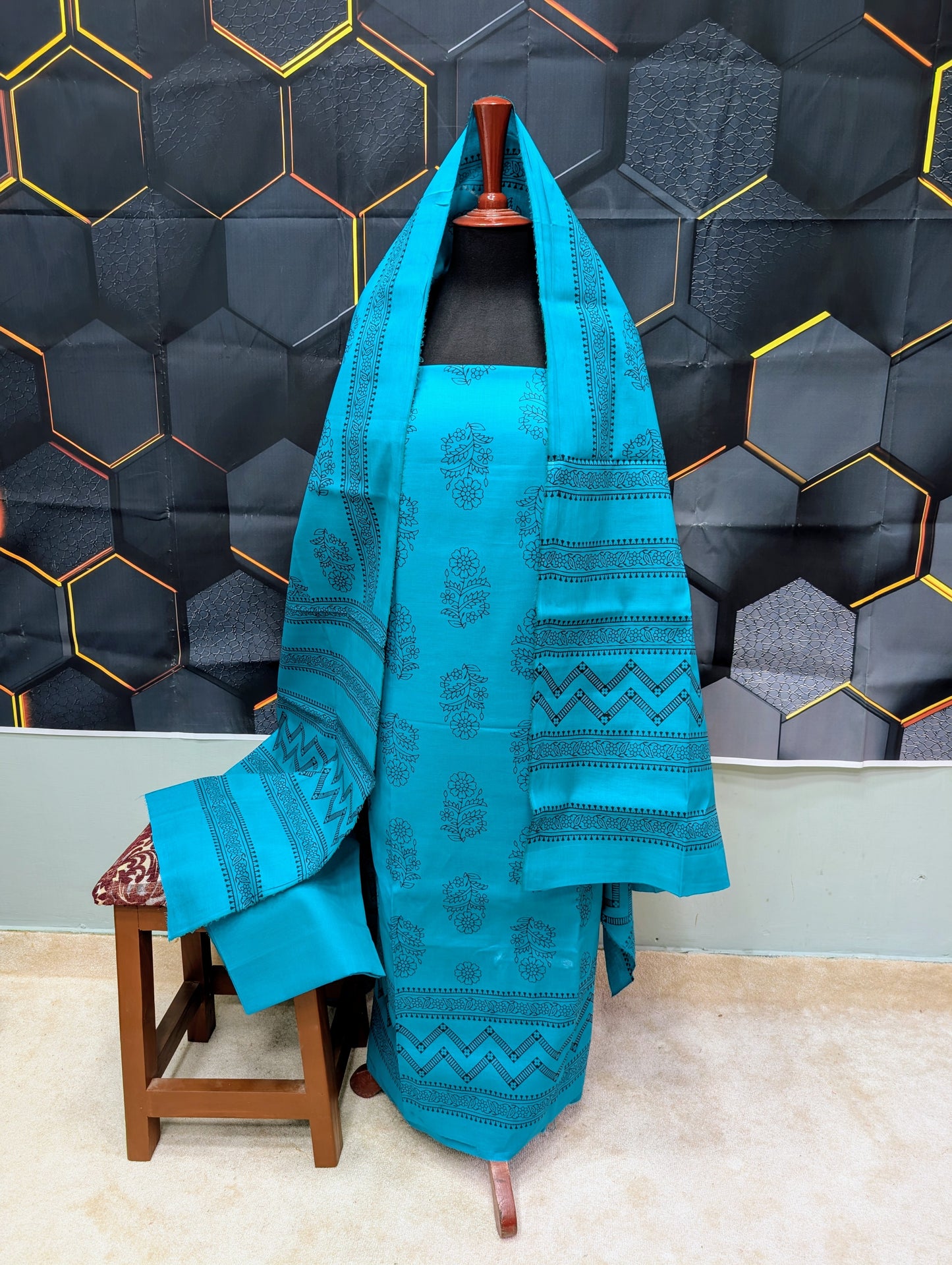Hand Block Print Lawn 3 Piece Suit Ajrak Style Pure Lawn | Ferozi