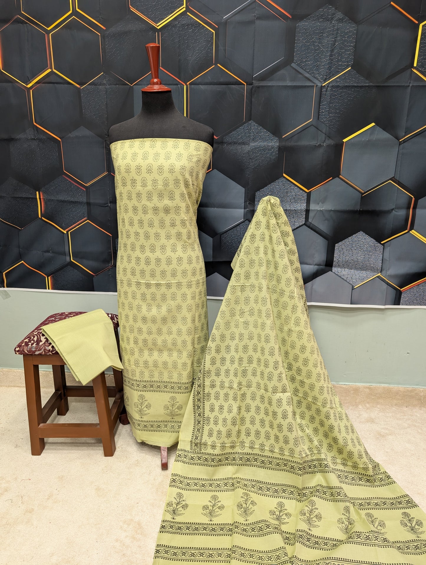 Hand Block Print Lawn 3 Piece Suit Ajrak Style Pure Lawn | Pista Green