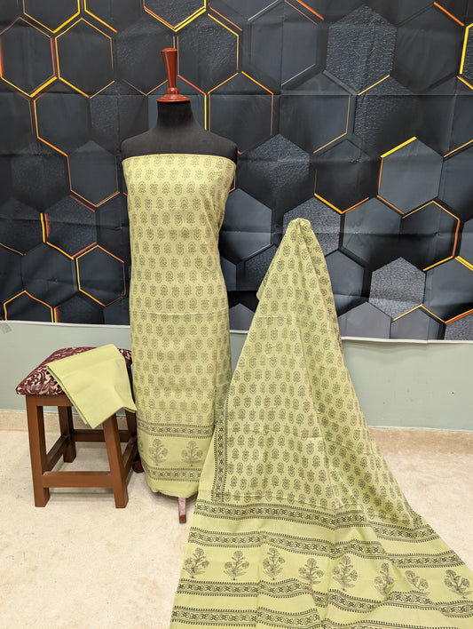 Hand Block Print Lawn 3 Piece Suit Ajrak Style Pure Lawn | Pista Green