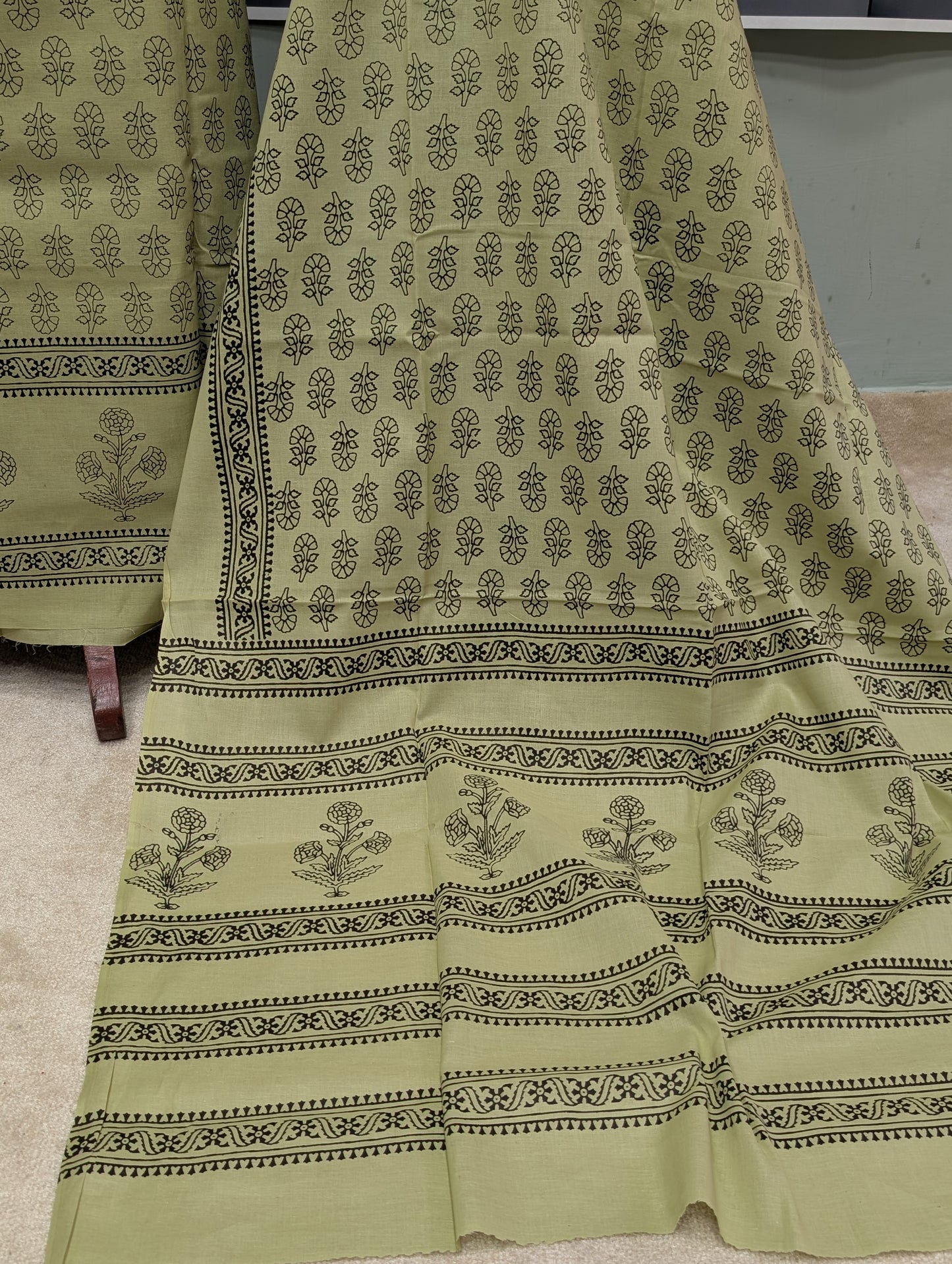 Hand Block Print Lawn 3 Piece Suit Ajrak Style Pure Lawn | Pista Green