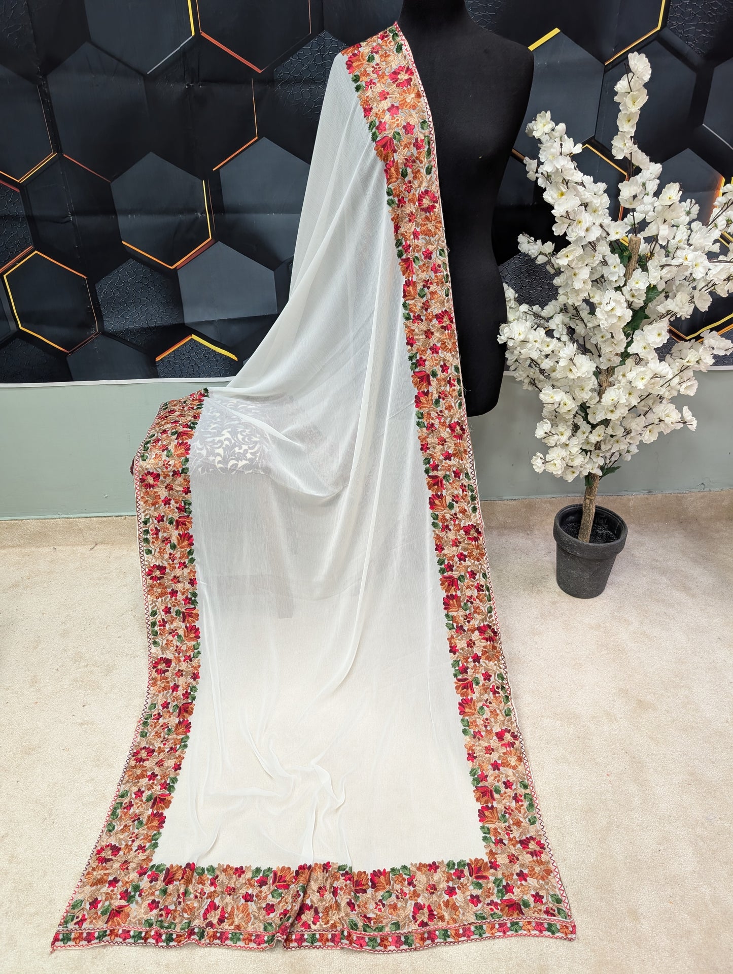 Crinkle Chiffon Kashmiri Border Embroidered Dupatta | White