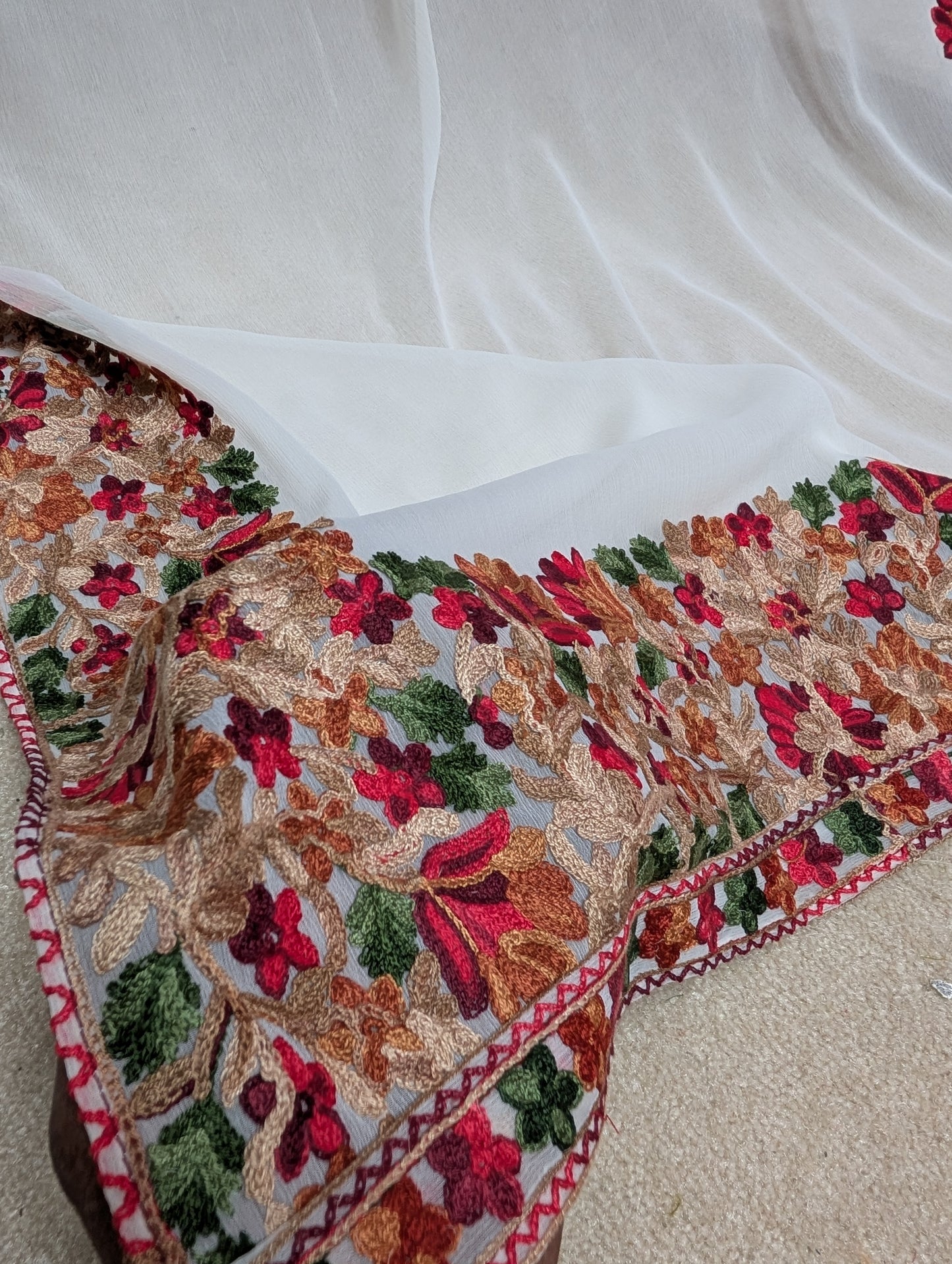 Crinkle Chiffon Kashmiri Border Embroidered Dupatta | White